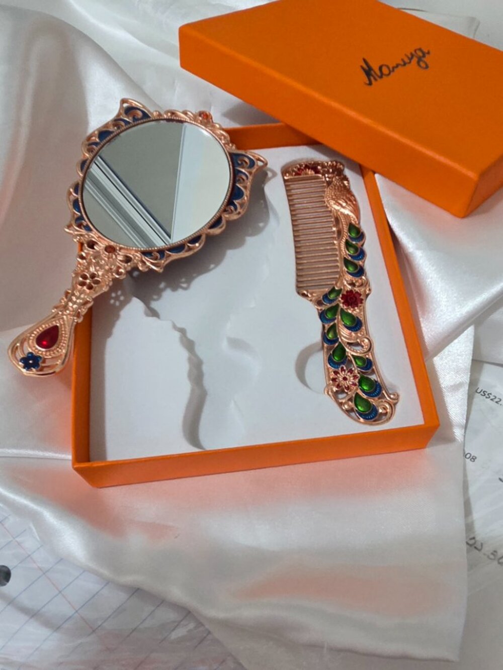 Vintage Peacock Mirror & Comb Set Mini Metal Multicolor Enamel Travel Vanity Gif